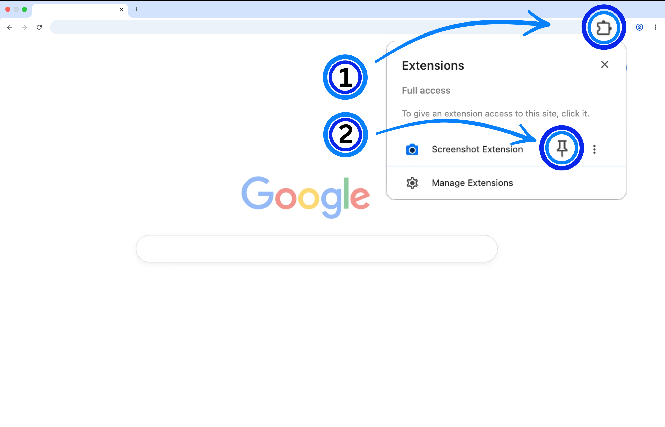 Pin Screenshot Extension in the Chrome extensions menu